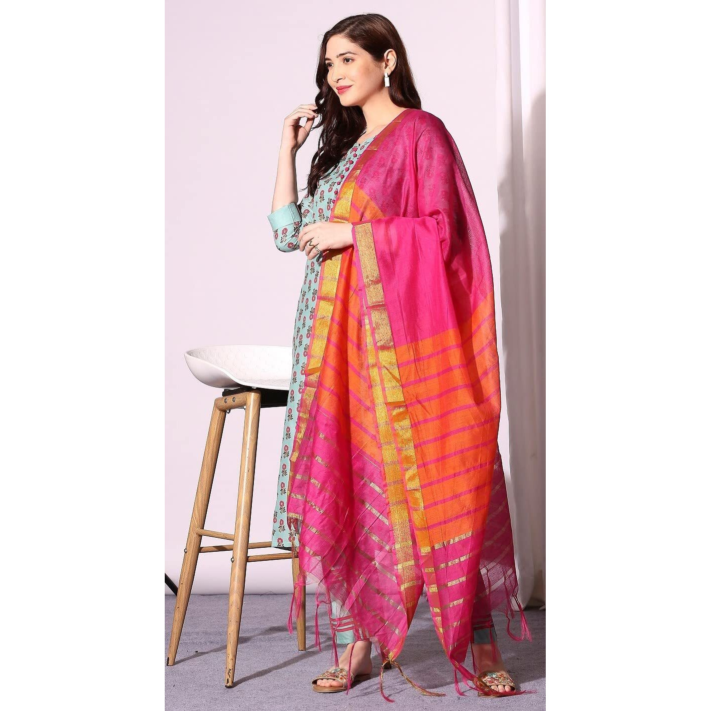 ANNI DESIGNER Women's Cotton Straight Kurta with Pant & Dupatta (KPTD-COT-10004-LIGHT GREEN_M_Light Green_Medium)