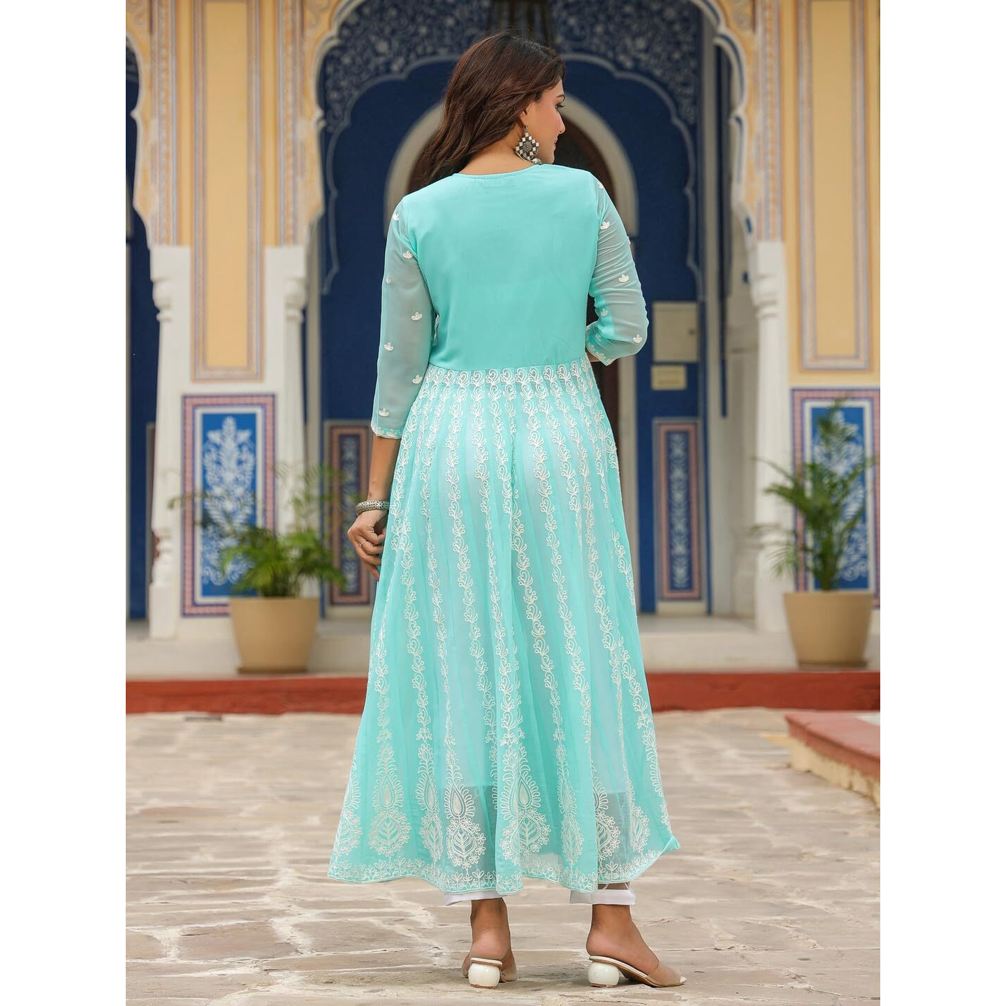 ANNI DESIGNER Women's Georgette Anarkali Chikankari Embroidered Kurta (Kari-See Green_S_See Green_Small)