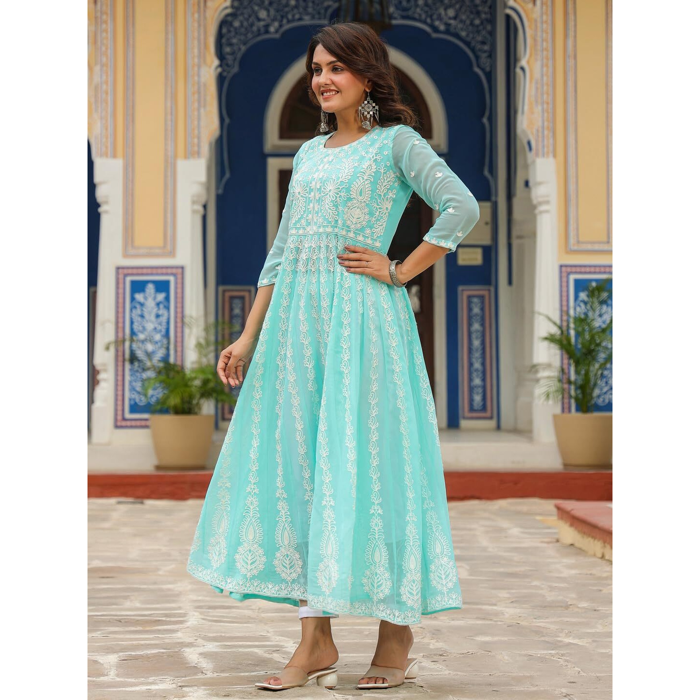 ANNI DESIGNER Women's Georgette Anarkali Chikankari Embroidered Kurta (Kari-See Green_S_See Green_Small)