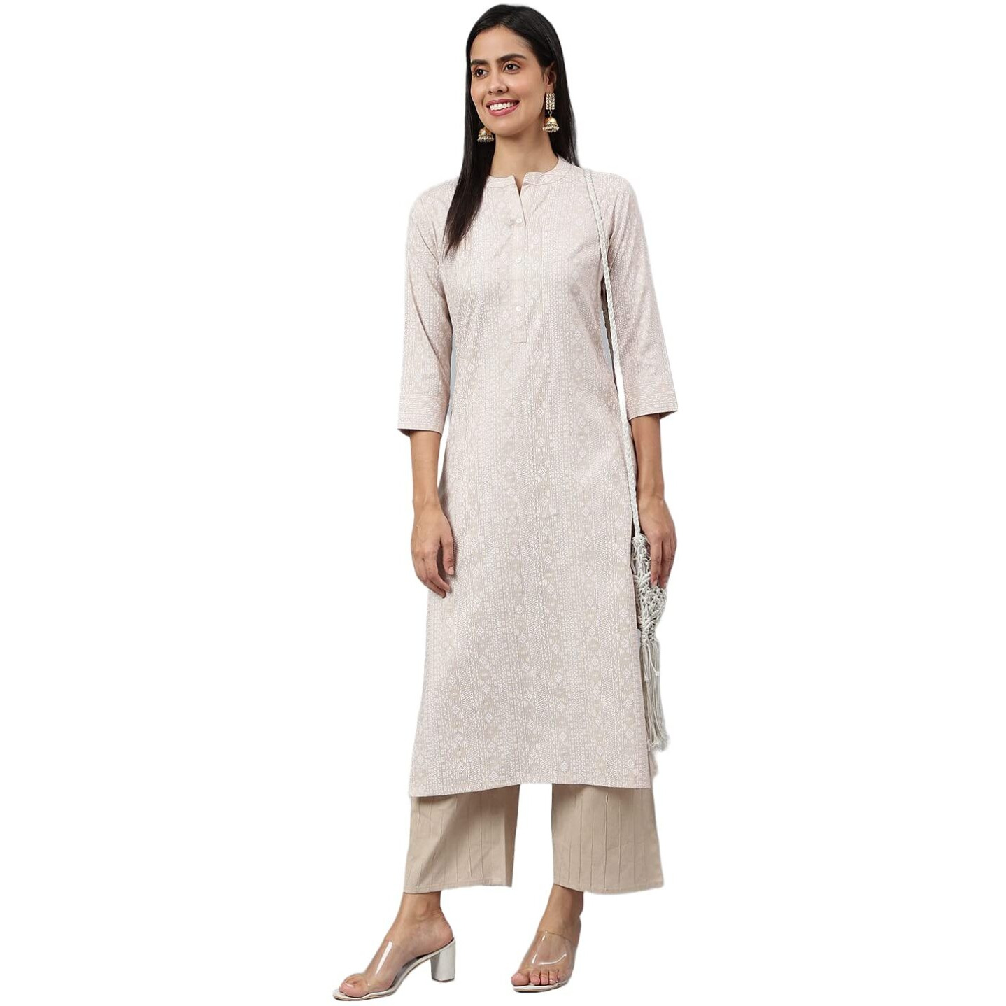ANNI DESIGNER Women's Cotton Blend Straight Printed Kurta (Sufa_Cream_M_Cream_Medium)