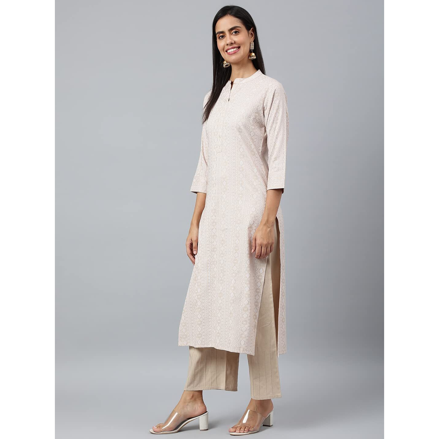 ANNI DESIGNER Women's Cotton Blend Straight Printed Kurta (Sufa_Cream_M_Cream_Medium)