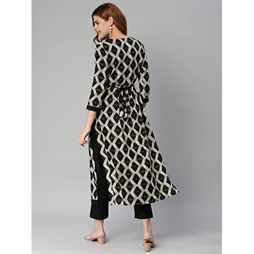 ANNI DESIGNER Women's Cotton Blend Straight Floral Printed Kurta & Pant (Chix Black-Sm_M_Black_Medium)