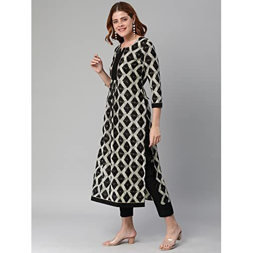 ANNI DESIGNER Women's Cotton Blend Straight Floral Printed Kurta & Pant (Chix Black-Sm_M_Black_Medium)