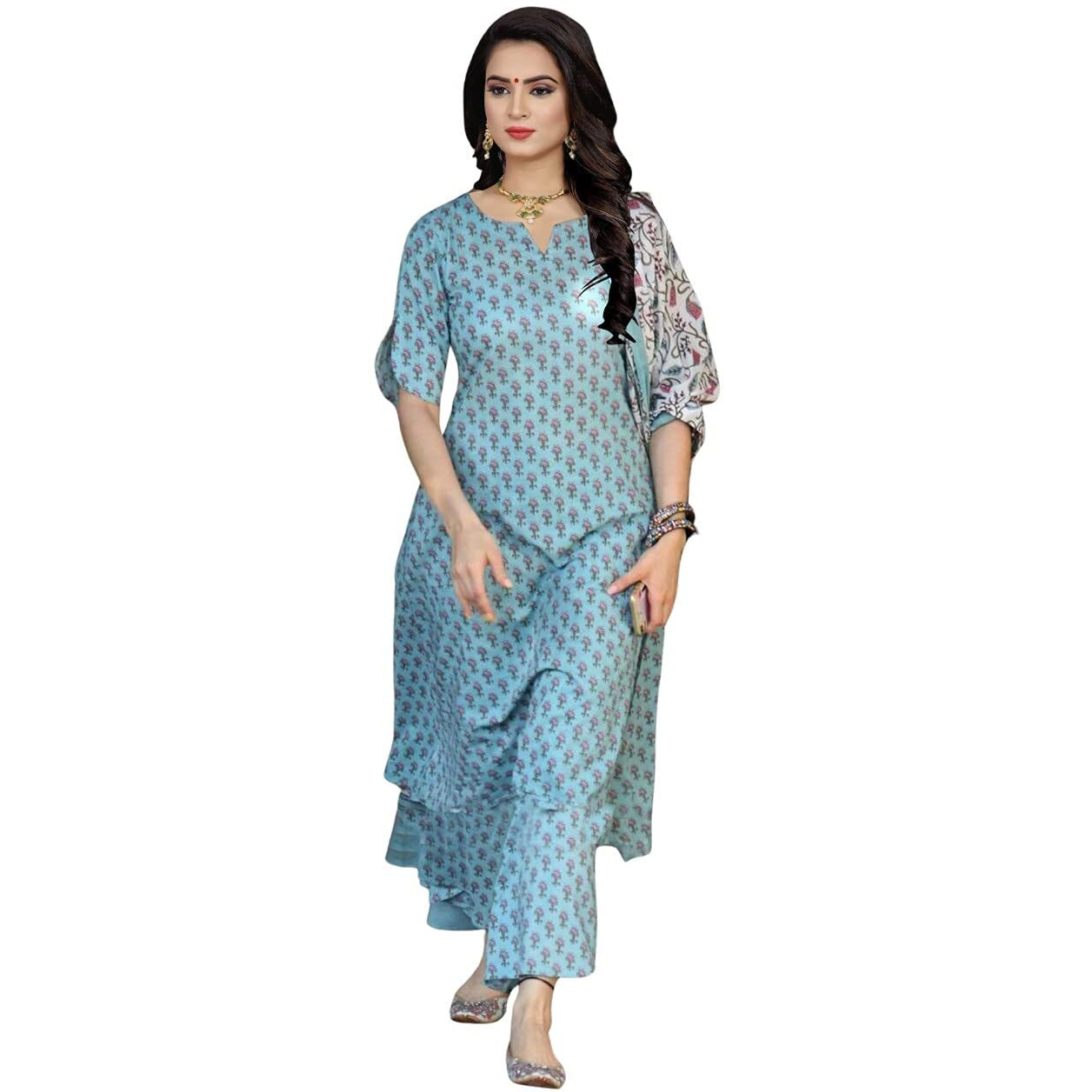 ANNI DESIGNER Women's Cotton Straight Printed Kurta, Palazzos and Dupatta (Blue,S)