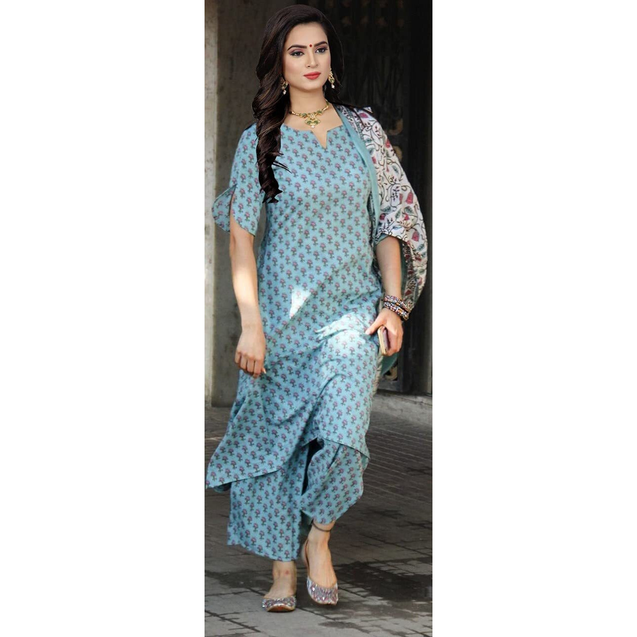 ANNI DESIGNER Women's Cotton Straight Printed Kurta, Palazzos and Dupatta (Blue,S)