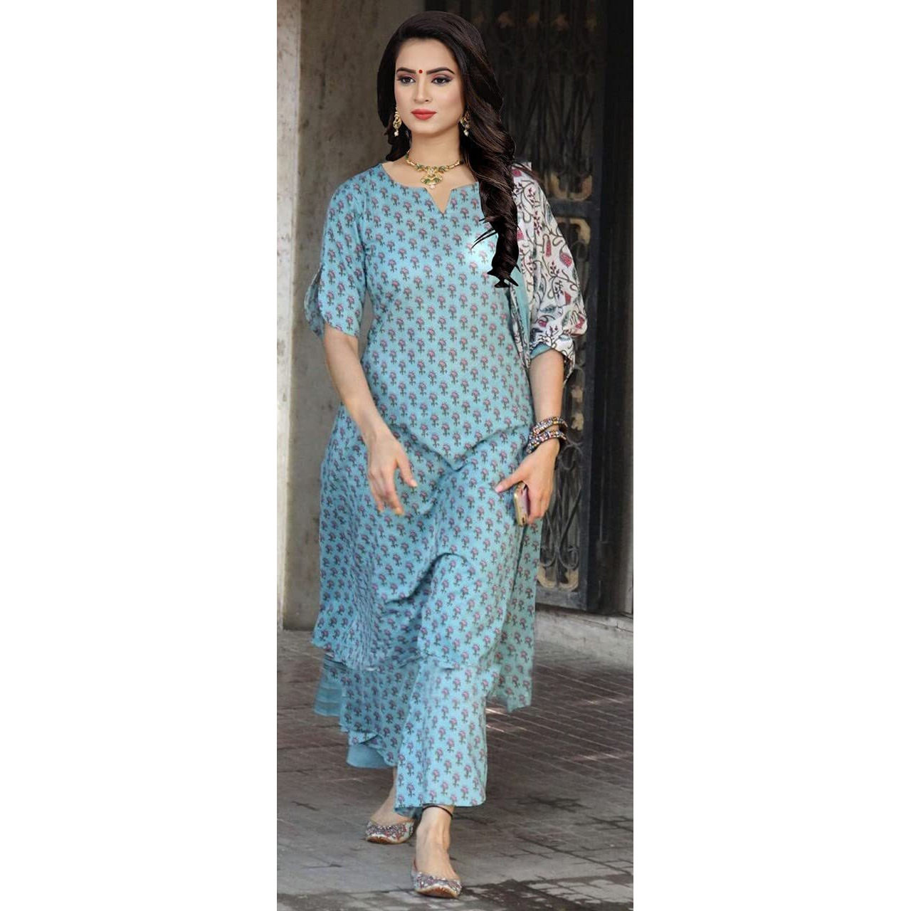ANNI DESIGNER Women's Cotton Straight Printed Kurta, Palazzos and Dupatta (Blue,S)