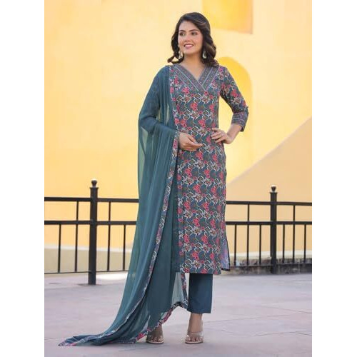 ANNI DESIGNER Women's Rayon Blend Straight Printed Kurta with Pant & Dupatta (Shaniya Grey_S_Grey_Small)