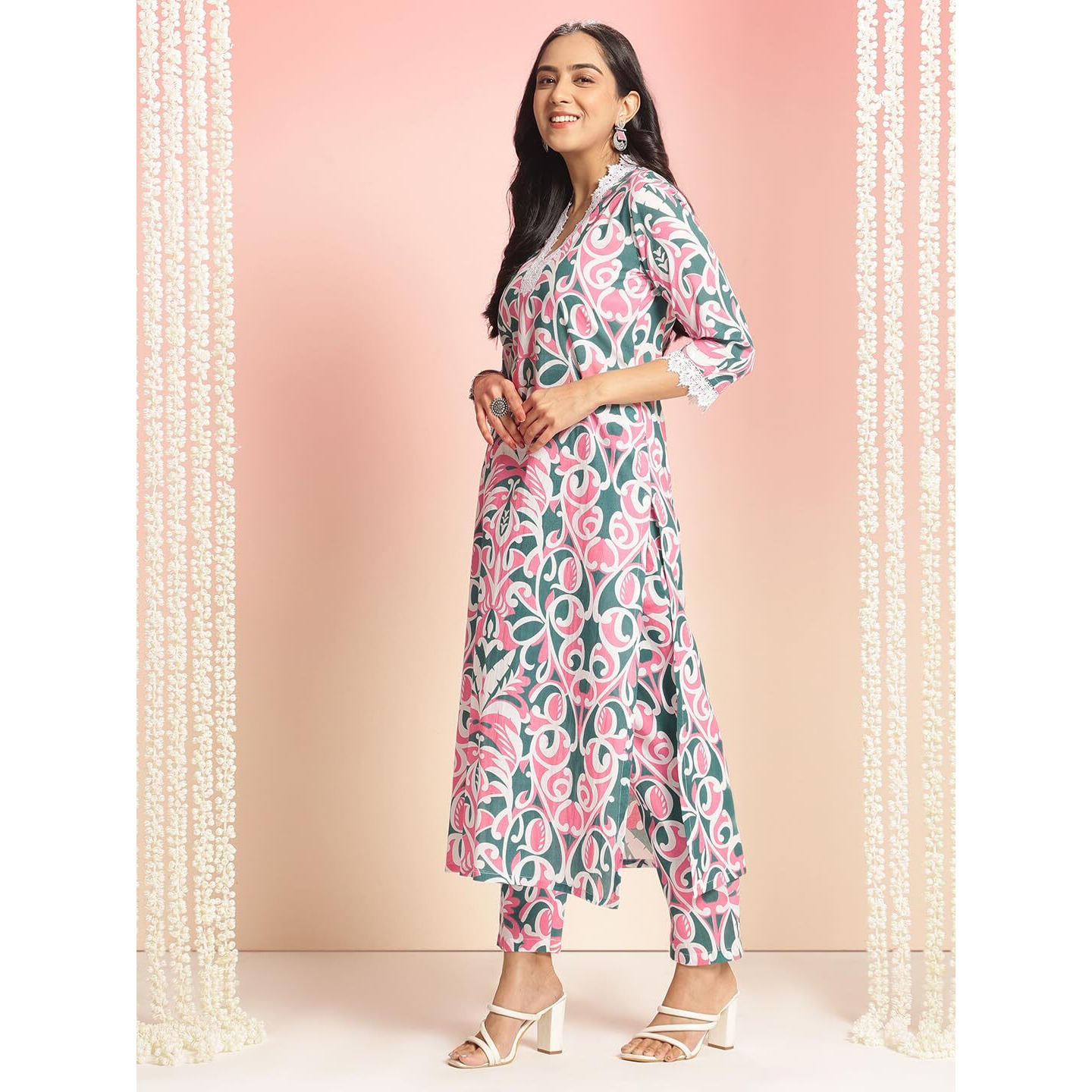 ANNI DESIGNER Women's Rayon Viscose Straight Printed Kurta with Pant (Dodero Green_S_Green_Small)