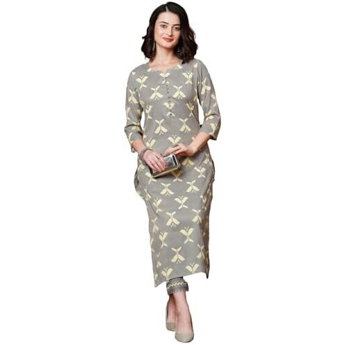 ANNI DESIGNER Women's Cotton Blend Straight Printed Kurta with Pant (Naviba Grey_S_Grey_Small)