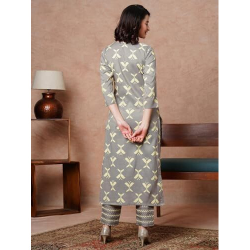 ANNI DESIGNER Women's Cotton Blend Straight Printed Kurta with Pant (Naviba Grey_S_Grey_Small)