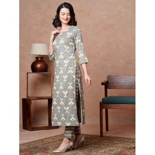 ANNI DESIGNER Women's Cotton Blend Straight Printed Kurta with Pant (Naviba Grey_S_Grey_Small)