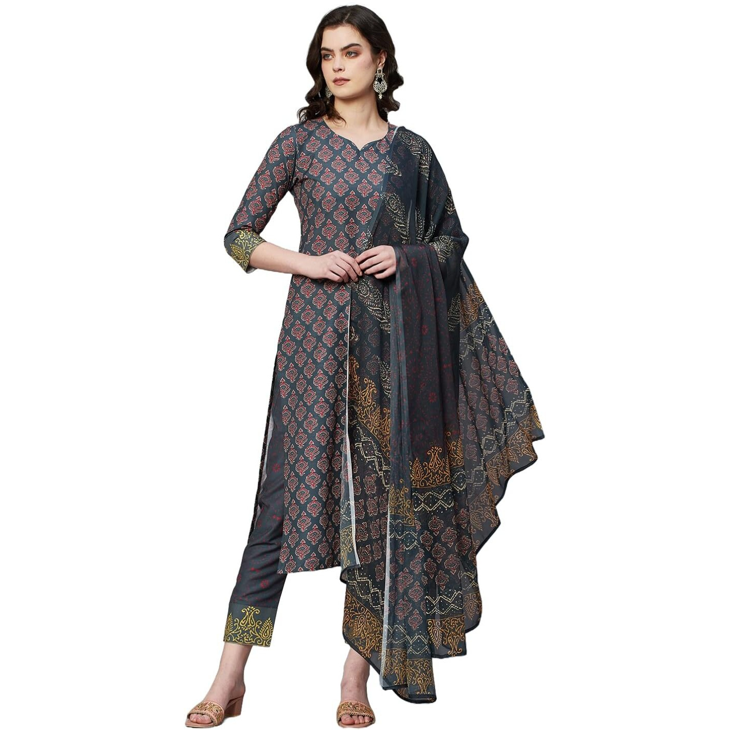 ANNI DESIGNER Women's Rayon Floral Printed Straight Kurta with Pants & Dupatta (Shank-Grey_L_Grey_Large)
