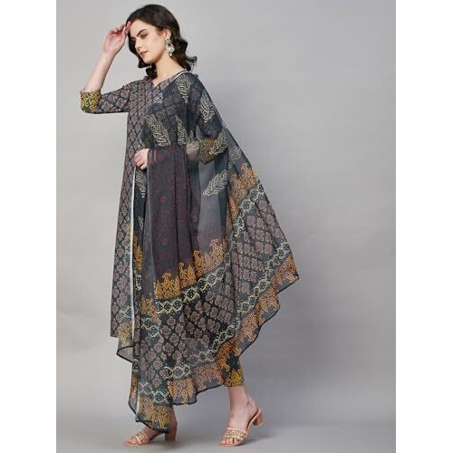 ANNI DESIGNER Women's Rayon Floral Printed Straight Kurta with Pants & Dupatta (Shank-Grey_L_Grey_Large)