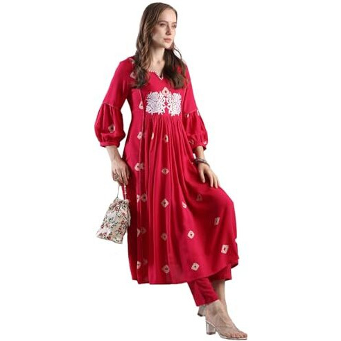 ANNI DESIGNER Women's Rayon Blend Anarkali Printed Kurta with Pant (ANVESHI PINK-VKS05_L_Pink_Large)