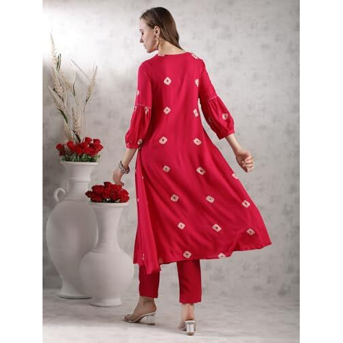 ANNI DESIGNER Women's Rayon Blend Anarkali Printed Kurta with Pant (ANVESHI PINK-VKS05_L_Pink_Large)