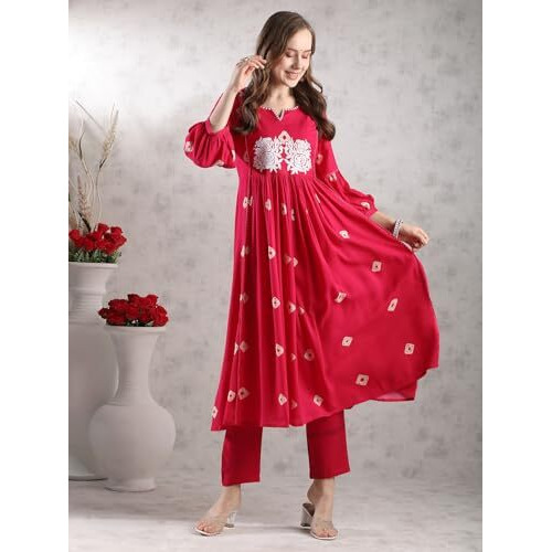 ANNI DESIGNER Women's Rayon Blend Anarkali Printed Kurta with Pant (ANVESHI PINK-VKS05_L_Pink_Large)