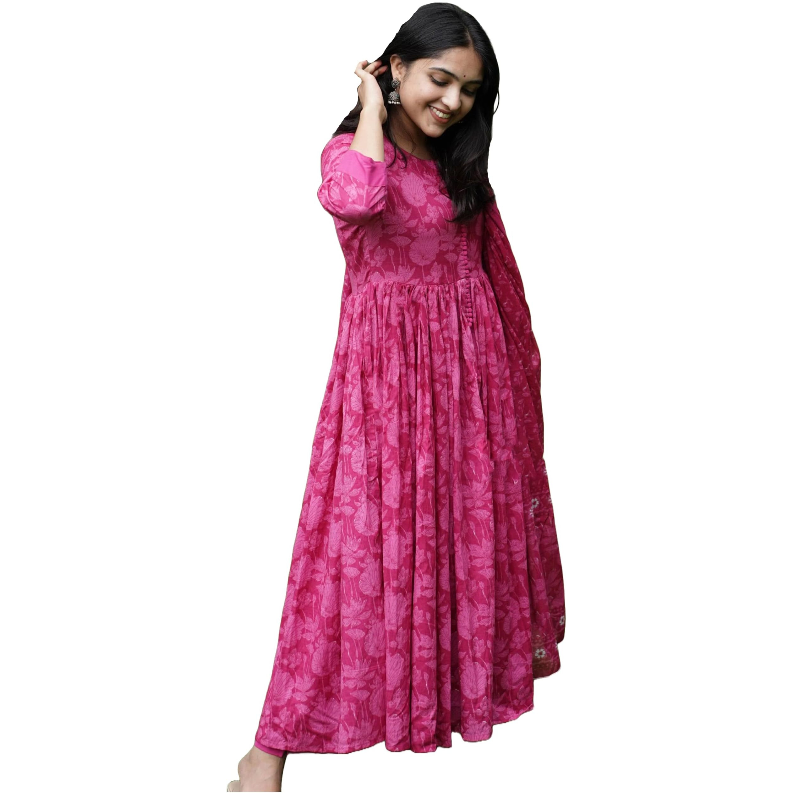 ANNI DESIGNER Women's Rayon Blend Anarkali Printed Kurta with Pant & Dupatta (TITHI Pink_XXL_Pink_XX-Large)