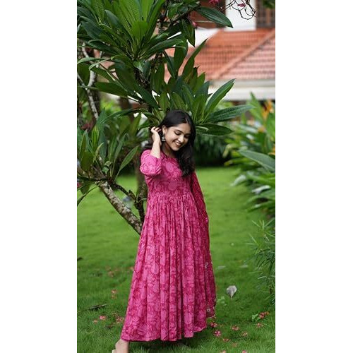 ANNI DESIGNER Women's Rayon Blend Anarkali Printed Kurta with Pant & Dupatta (TITHI Pink_XXL_Pink_XX-Large)
