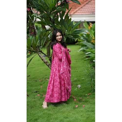 ANNI DESIGNER Women's Rayon Blend Anarkali Printed Kurta with Pant & Dupatta (TITHI Pink_XXL_Pink_XX-Large)