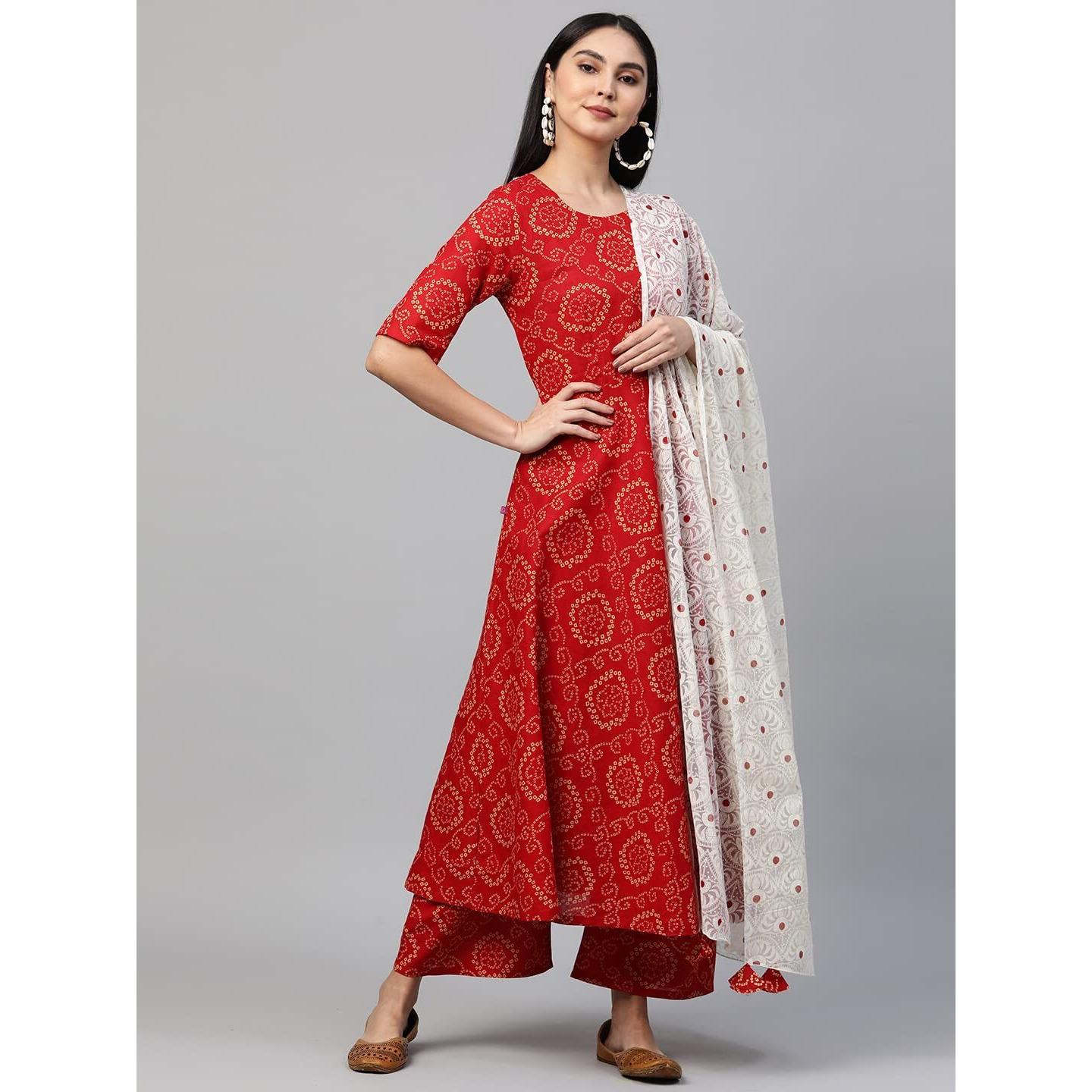 ANNI DESIGNER Women's Cotton Anarkali Kurta with Palazzo & Dupatta (Ruchi RED_S_Red_Small)