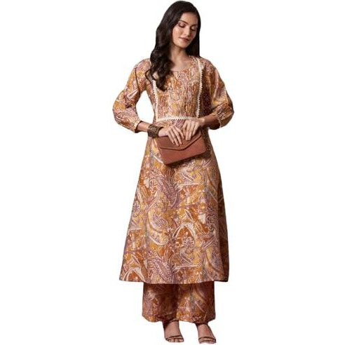 ANNI DESIGNER Women's Rayon Blend Straight Printed Kurta with Pant (Marco YELLOW-VKS01_XXL_Yellow_XX-Large)