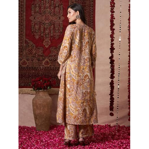 ANNI DESIGNER Women's Rayon Blend Straight Printed Kurta with Pant (Marco YELLOW-VKS01_XXL_Yellow_XX-Large)