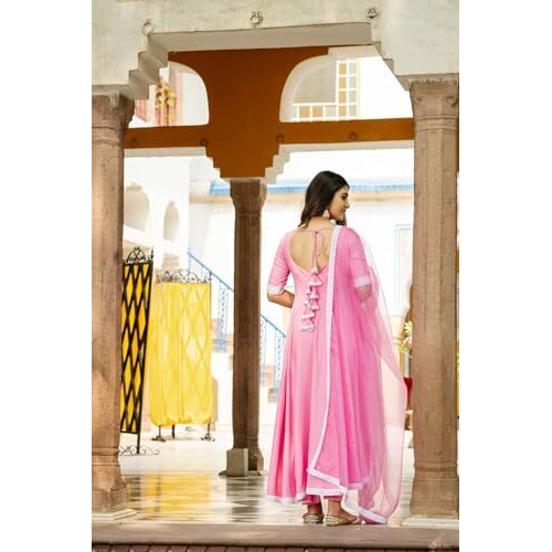 ANNI DESIGNER Women's Rayon Blend Anarkali Solid Kurta with Pant & Dupatta (TIESTA Baby Pink_M_Baby Pink_Medium)