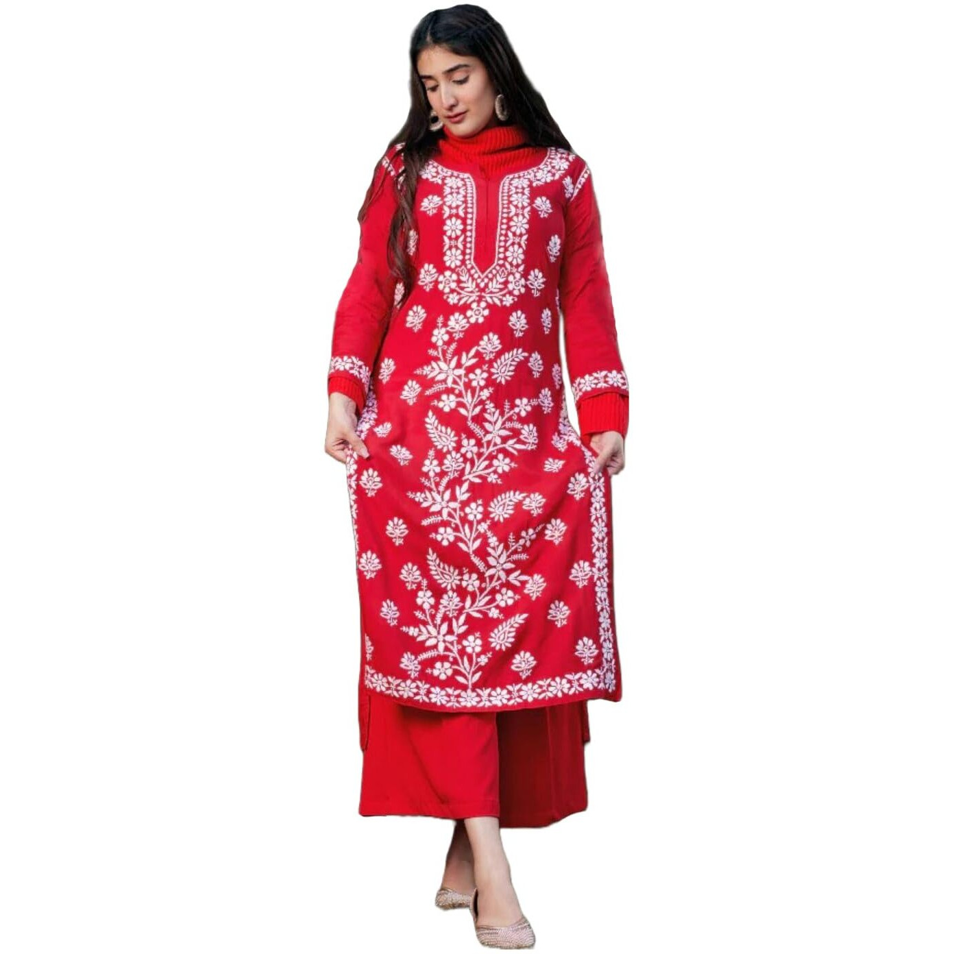 ANNI DESIGNER Women's Cotton Blend Chikankari Embroidered Straight Kurta (Dayak Red-Nw_M_Red_Medium)