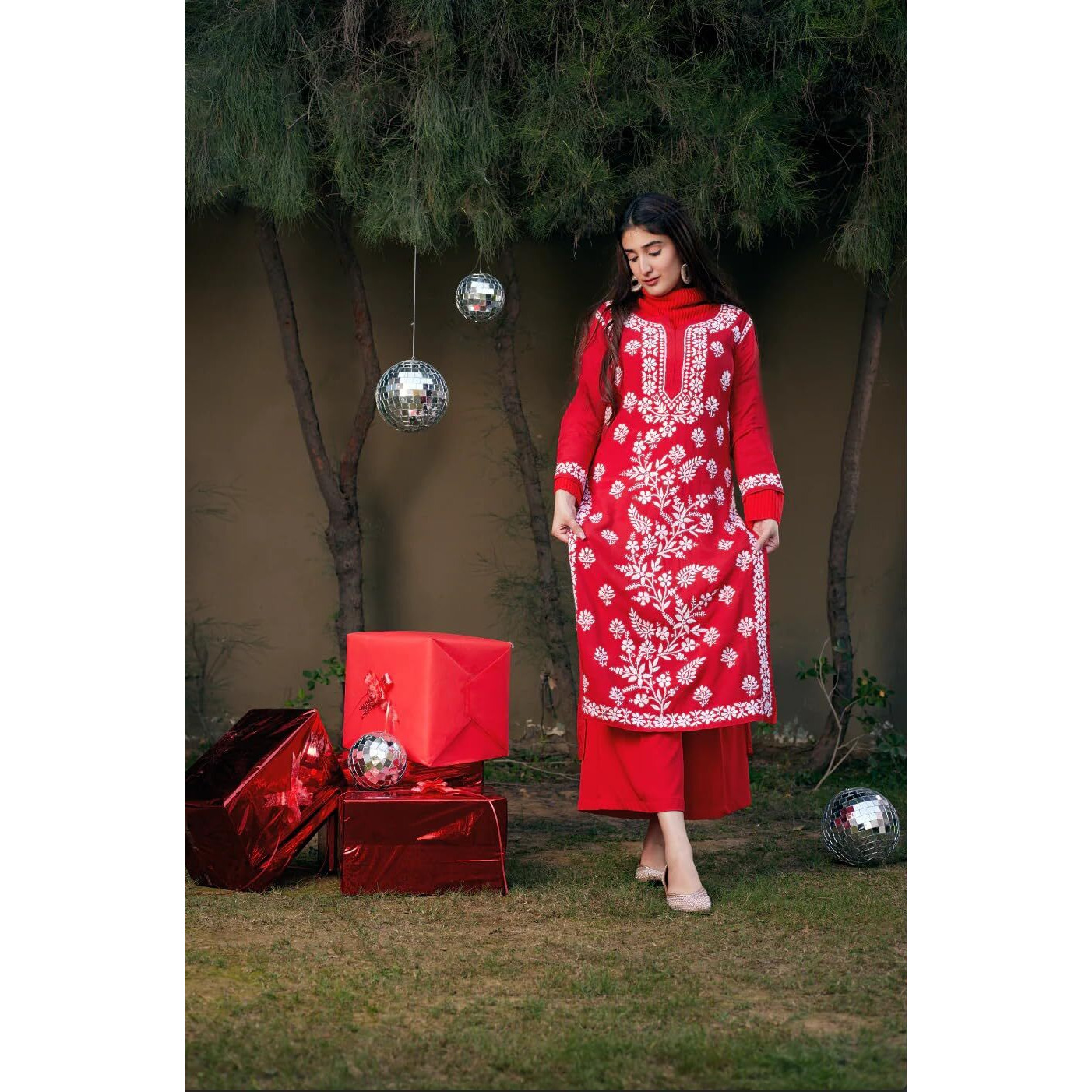 ANNI DESIGNER Women's Cotton Blend Chikankari Embroidered Straight Kurta (Dayak Red-Nw_M_Red_Medium)