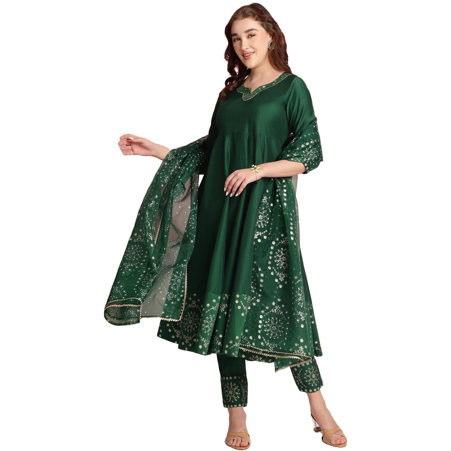 ANNI DESIGNER Women's Rayon Blend Printed Anarkali Kurta with Pant & Dupatta (Varuna Green_XL_Green_X-Large)
