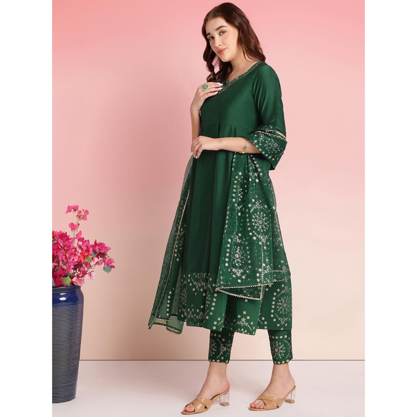 ANNI DESIGNER Women's Rayon Blend Printed Anarkali Kurta with Pant & Dupatta (Varuna Green_XL_Green_X-Large)