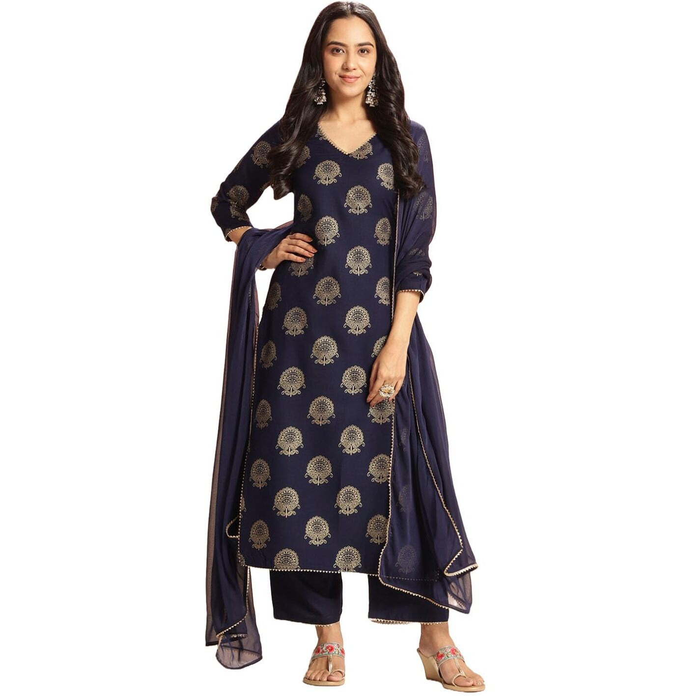 ANNI DESIGNER Women's Rayon Blend Printed Straight Kurta with Pant & Dupatta (Jubal Navy Blue_M_Navy Blue_Medium)
