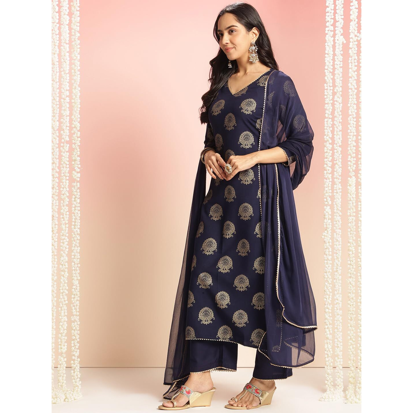 ANNI DESIGNER Women's Rayon Blend Printed Straight Kurta with Pant & Dupatta (Jubal Navy Blue_M_Navy Blue_Medium)