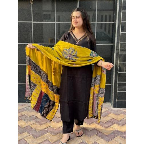 ANNI DESIGNER Women's Cotton Blend Embroidered Straight Kurta with Pant & Dupatta (Fronx Black_L_Black_Large)