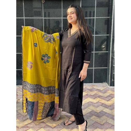 ANNI DESIGNER Women's Cotton Blend Embroidered Straight Kurta with Pant & Dupatta (Fronx Black_L_Black_Large)