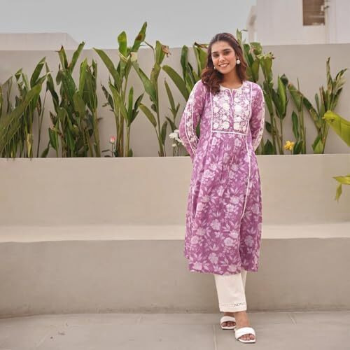 ANNI DESIGNER Women's Rayon Blend Anarkali Embroidered Kurta (RUPINI Purple_M_Purple_Medium)