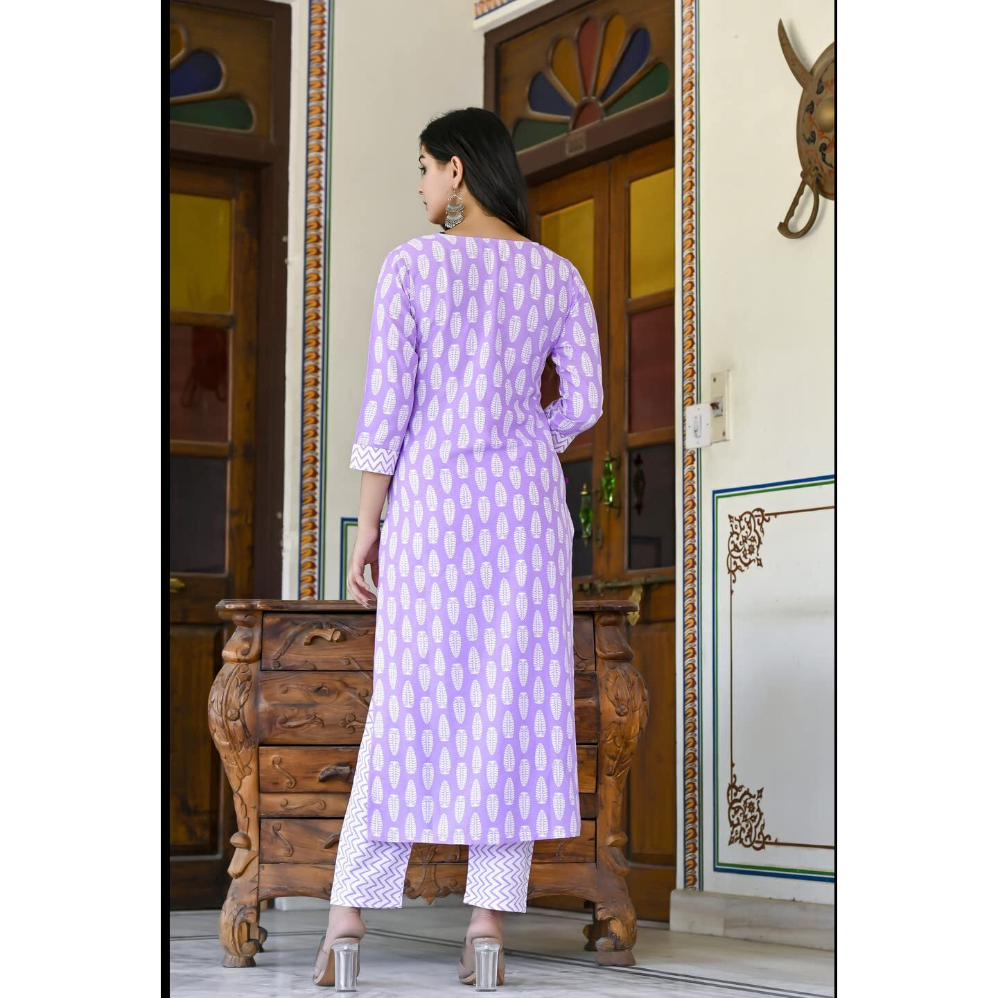 ANNI DESIGNER Women's Cotton Blend Traditional Straight Printed Kurta and Pant Set (Danapa Purple-CMD_S_Purple_Small)