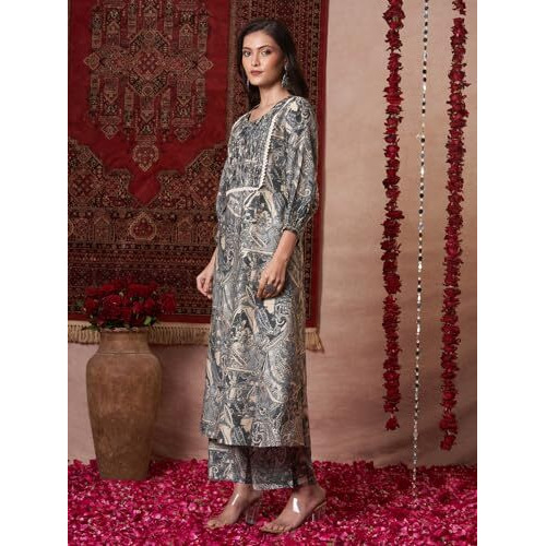 ANNI DESIGNER Women's Rayon Blend Straight Printed Kurta with Pant (Marco Grey_XL_Grey_X-Large)