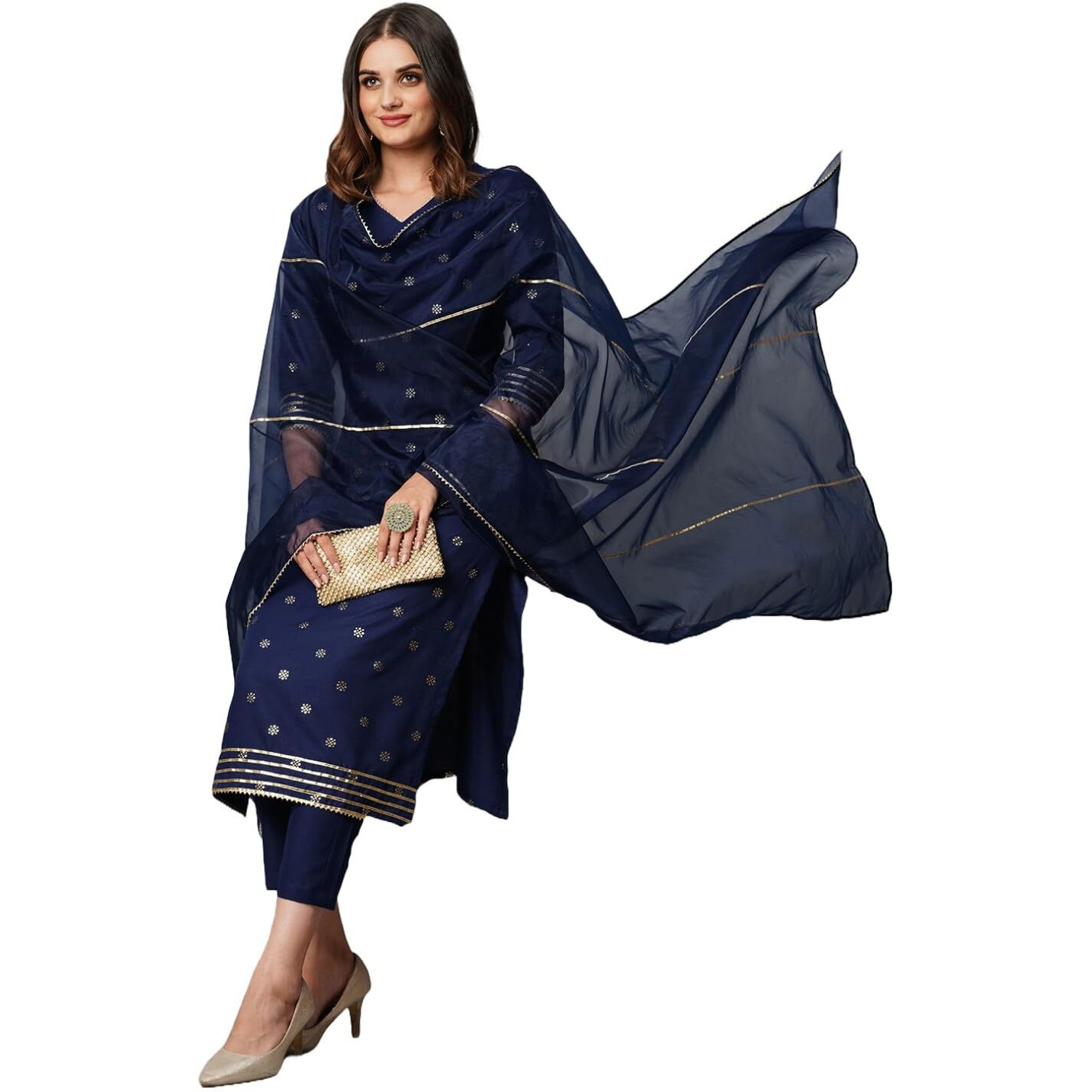 ANNI DESIGNER Women's Cotton Blend Straight Printed Kurta with Pant & Dupatta (Thakor Blue_XL_Blue_X-Large)