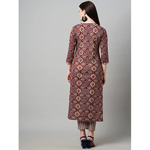 ANNI DESIGNER Women's Cotton Blend Traditional Straight Printed Kurta and Pant Set (Priyani Red_M_Red_Medium)