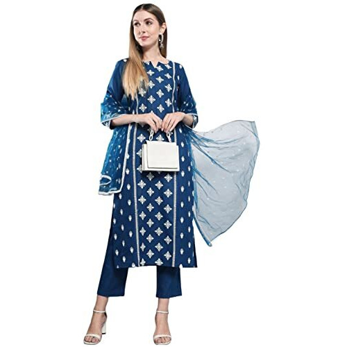 ANNI DESIGNER Women's Cotton Blend Embroidered Straight Kurta with Pants & Dupatta (KURUPAM-CERSOIN_L_Dark Blue_Large)