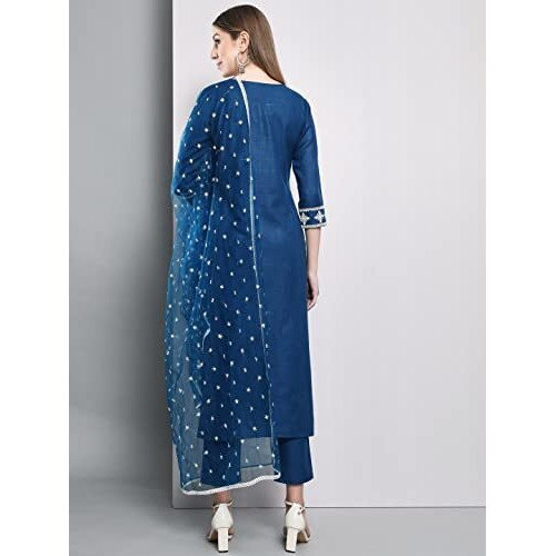 ANNI DESIGNER Women's Cotton Blend Embroidered Straight Kurta with Pants & Dupatta (KURUPAM-CERSOIN_L_Dark Blue_Large)