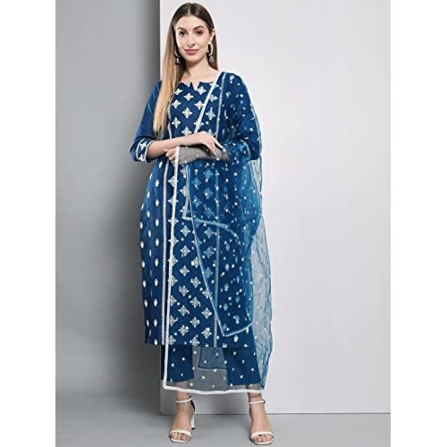 ANNI DESIGNER Women's Cotton Blend Embroidered Straight Kurta with Pants & Dupatta (KURUPAM-CERSOIN_L_Dark Blue_Large)