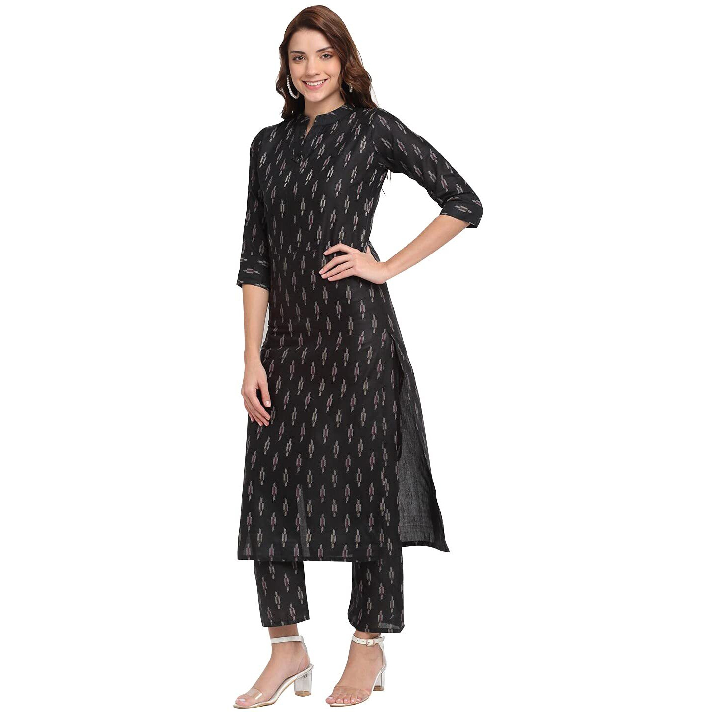 ANNI DESIGNER Women's Cotton Printed Kurta with Palazzo(Kalyani_Black_L_Black_Large)