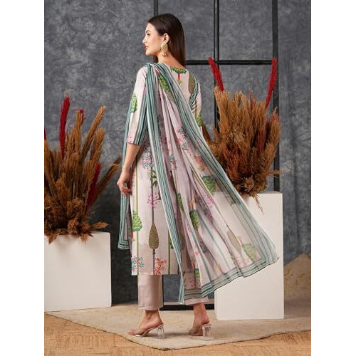 ANNI DESIGNER Women's Cotton Blend Straight Printed Kurta with Pant & Dupatta (Darur Green_M_Green_Medium)