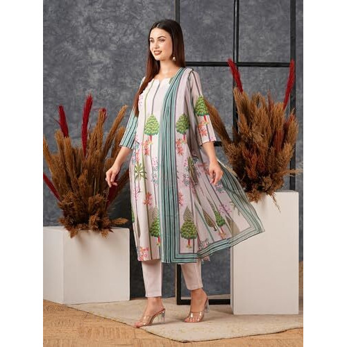 ANNI DESIGNER Women's Cotton Blend Straight Printed Kurta with Pant & Dupatta (Darur Green_M_Green_Medium)