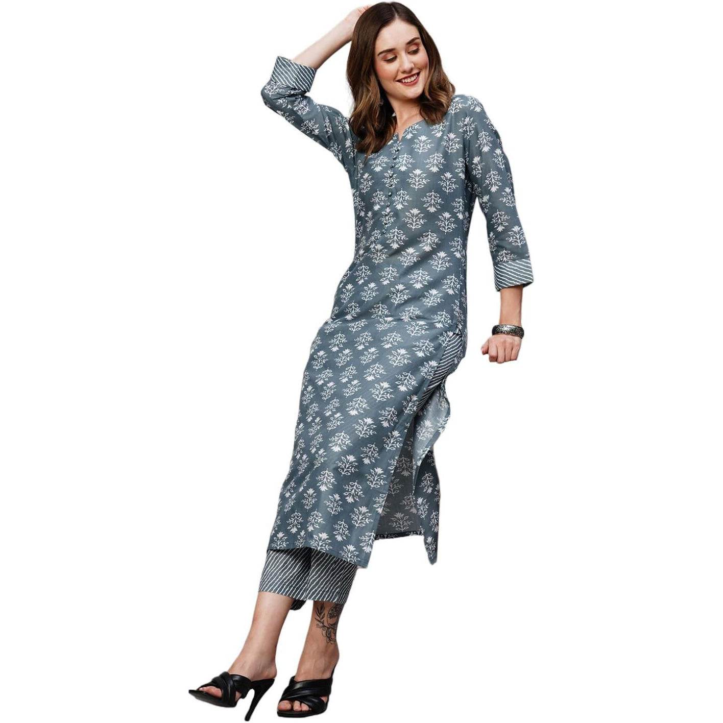ANNI DESIGNER Women's Cotton Blend Printed Straight Kurta with Pant (KIDYA Grey_S_Grey_Small)