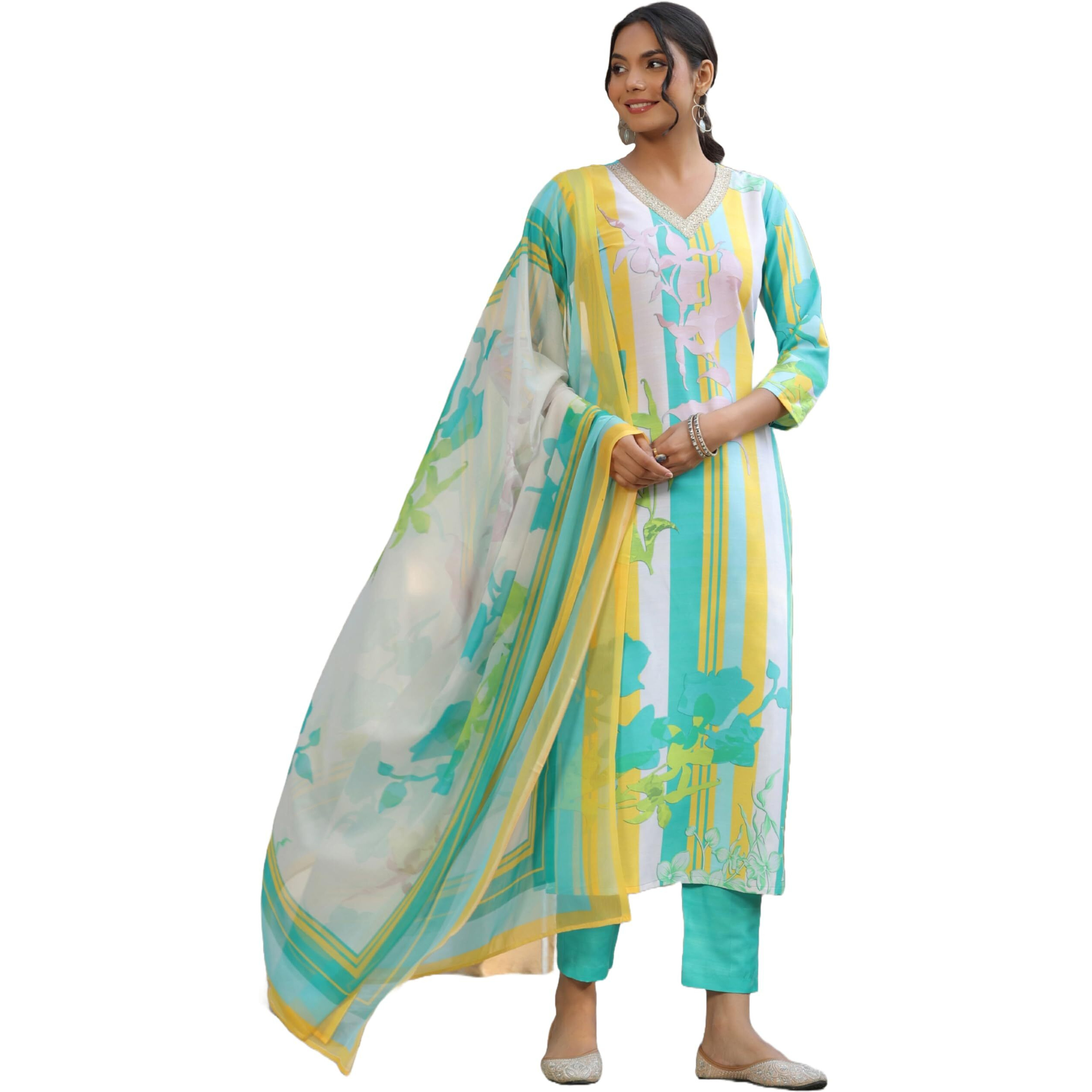 ANNI DESIGNER Women's Cotton Blend Straight Printed Kurta with Pant & Dupatta (Kapila Green_L_Green_Large)