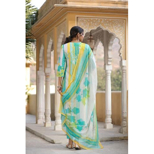 ANNI DESIGNER Women's Cotton Blend Straight Printed Kurta with Pant & Dupatta (Kapila Green_L_Green_Large)