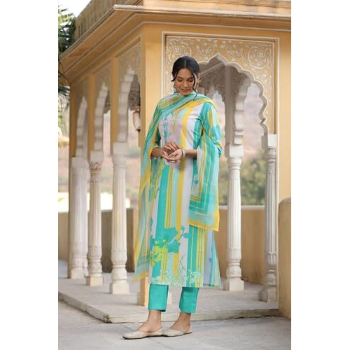 ANNI DESIGNER Women's Cotton Blend Straight Printed Kurta with Pant & Dupatta (Kapila Green_L_Green_Large)